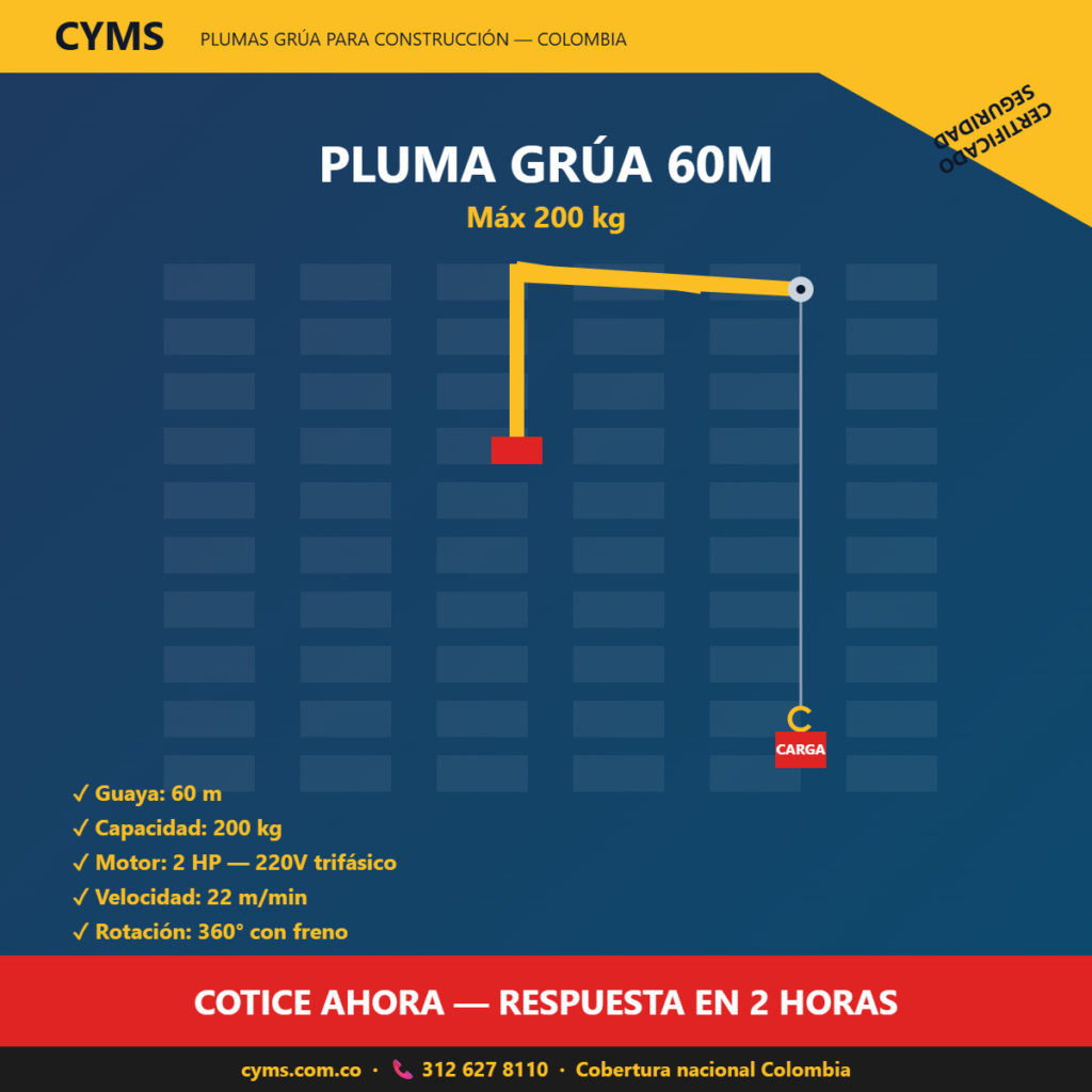 Pluma grúa con guaya de 60m máximo 200kg CYMS — Alquiler para torres residenciales en Colombia